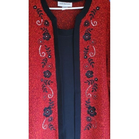 Vtg 90s CD Daniels 1X Red & Black Floral Embroidered Beaded Sweater - Video - Picture 3 of 8
